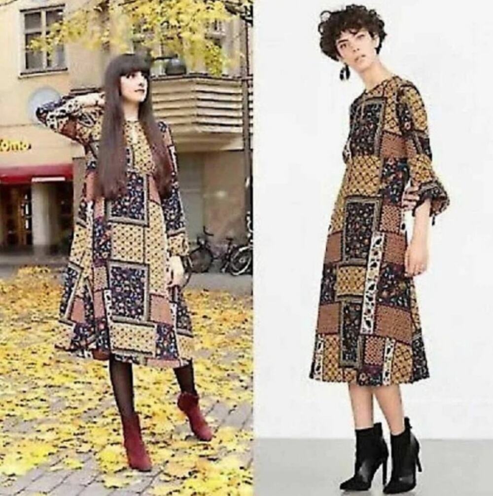 Zara Basic Patchwork Floral  Long Sleeve Dress Size S Made in Spain
